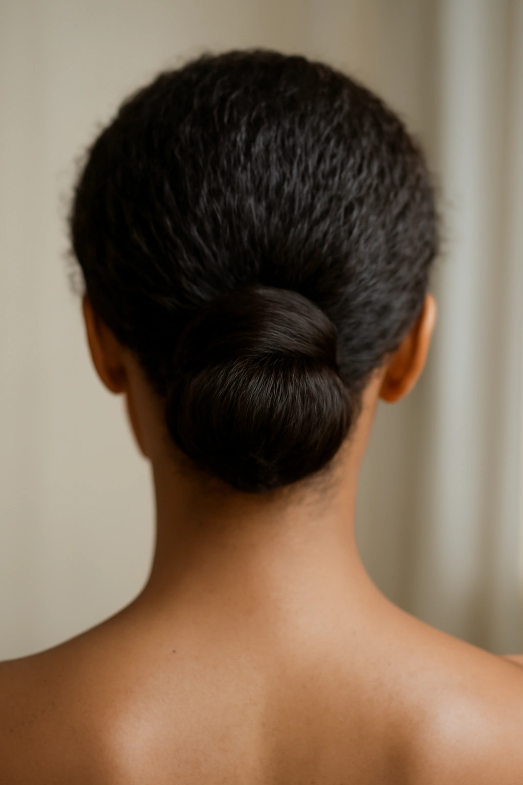 Low nape wrapped bun showing the concealed elastic and wrapped base.