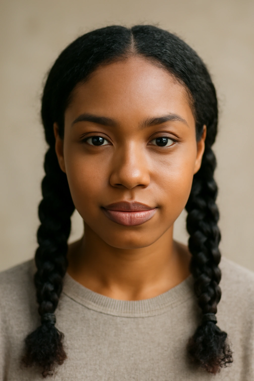 Two low pigtails with thick braids on a center-parted head