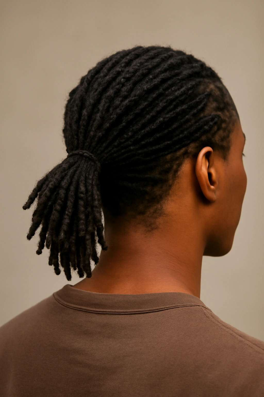 Low ponytail at the nape with short dreadlocks.