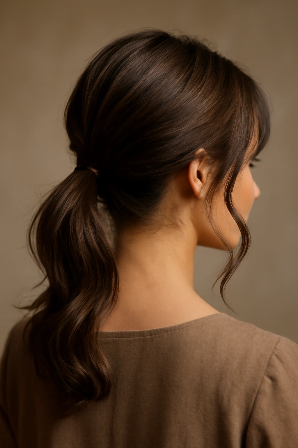 Low ponytail with soft face-framing curls at the temples