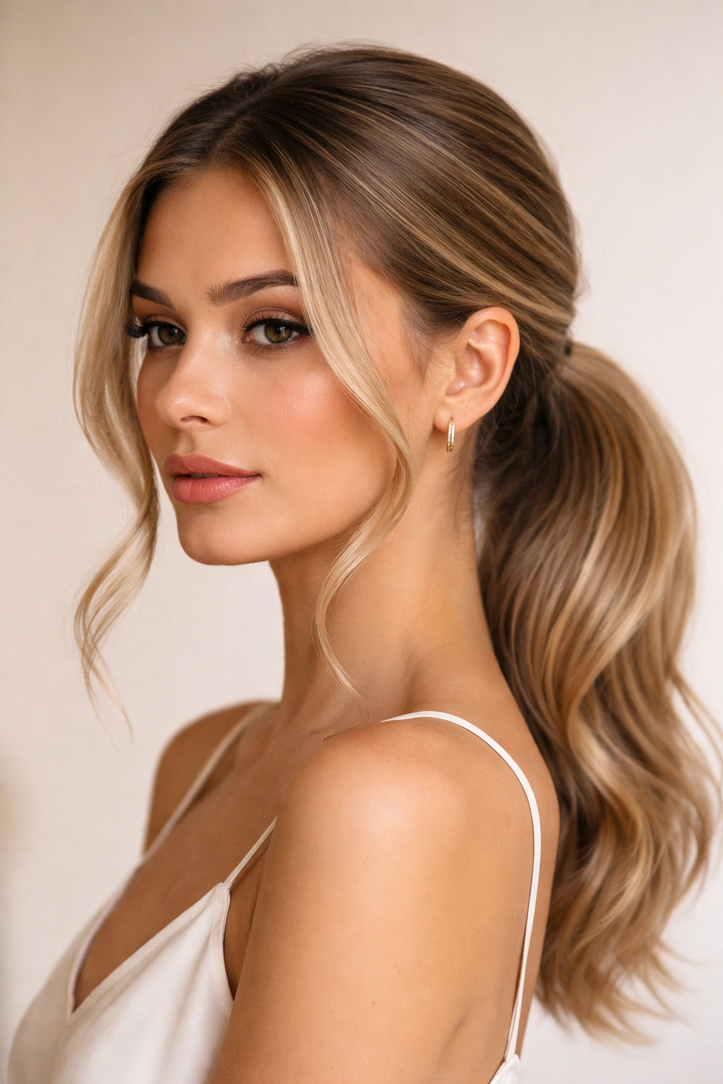 Low ponytail at the nape with soft waves framing the face
