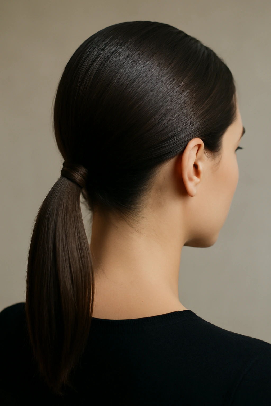 Close-up of a sleek low ponytail at the nape of the neck