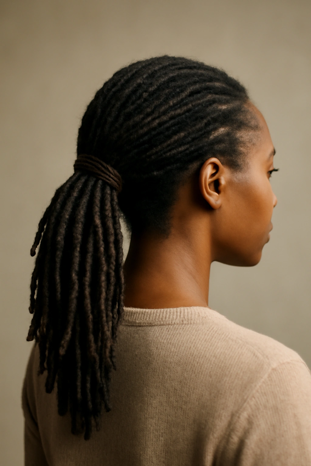 Low ponytail with locs close-up showing gathered hair at nape