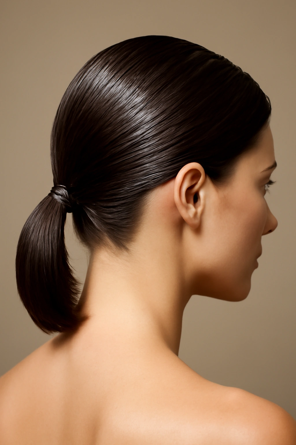 Close-up of a sleek, shiny low ponytail on short hair in a studio setting