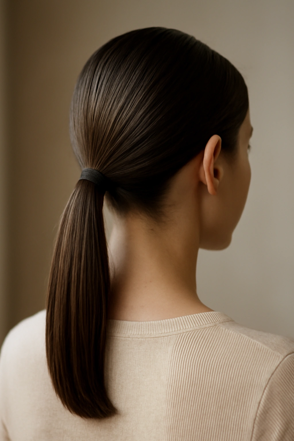 Low ponytail at the nape of neck with sleek, straight hair