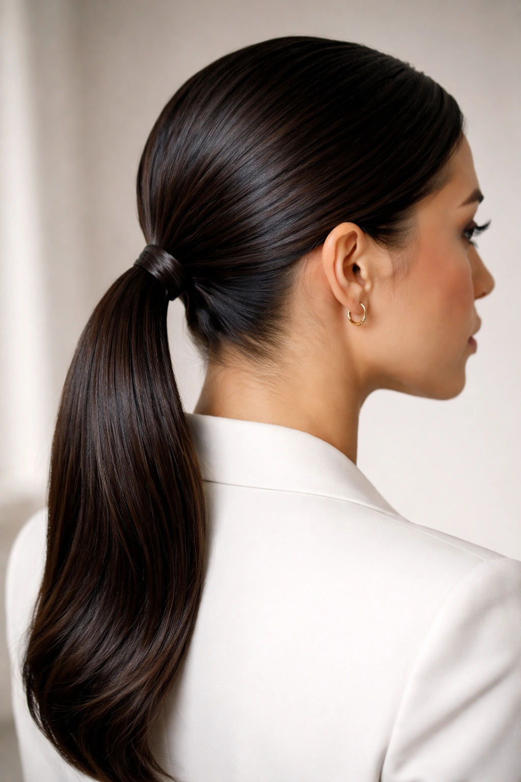 Close-up of a glossy low ponytail at the nape of the neck