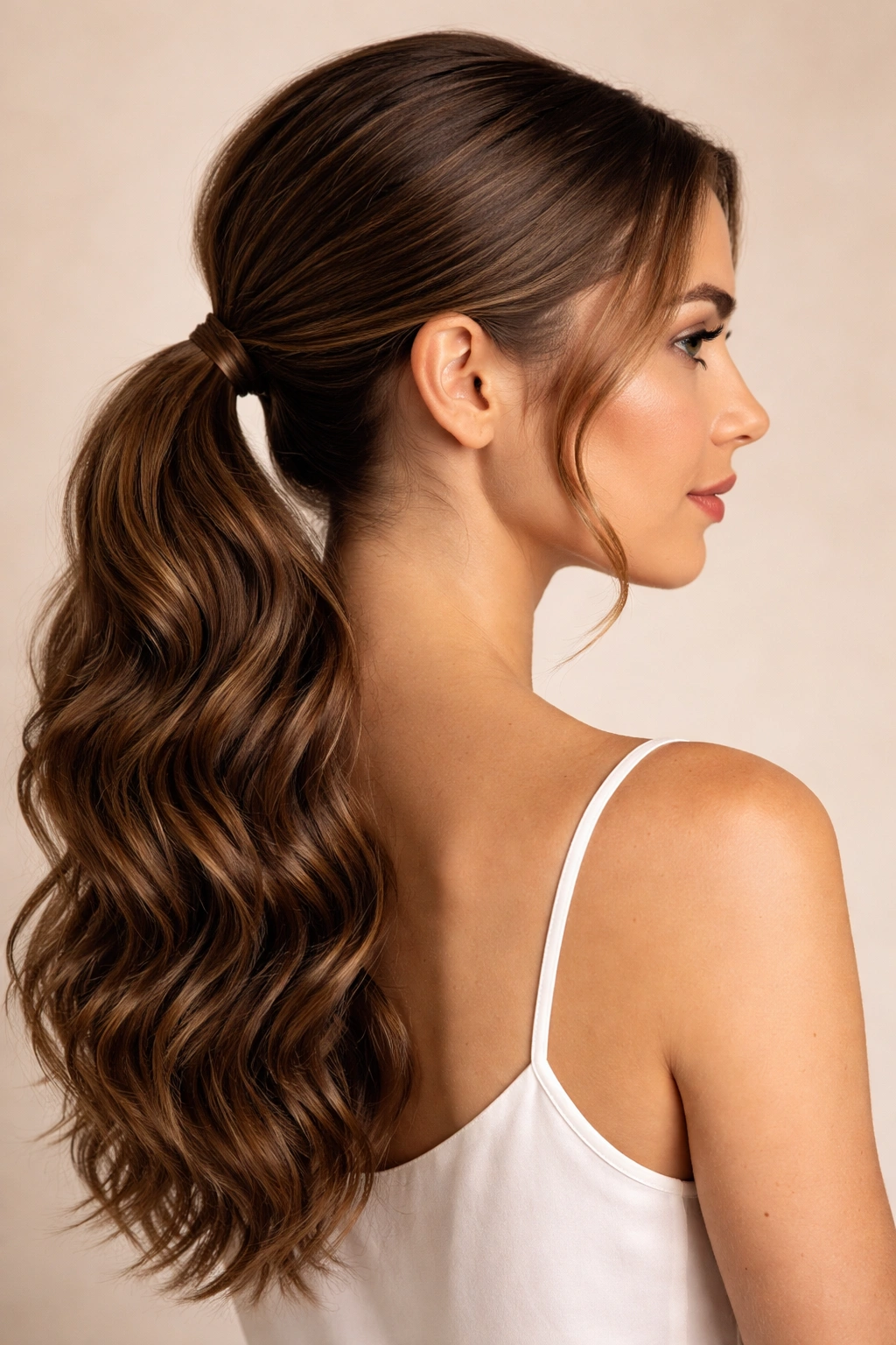 Sleek low ponytail showcasing waves cascading from the nape