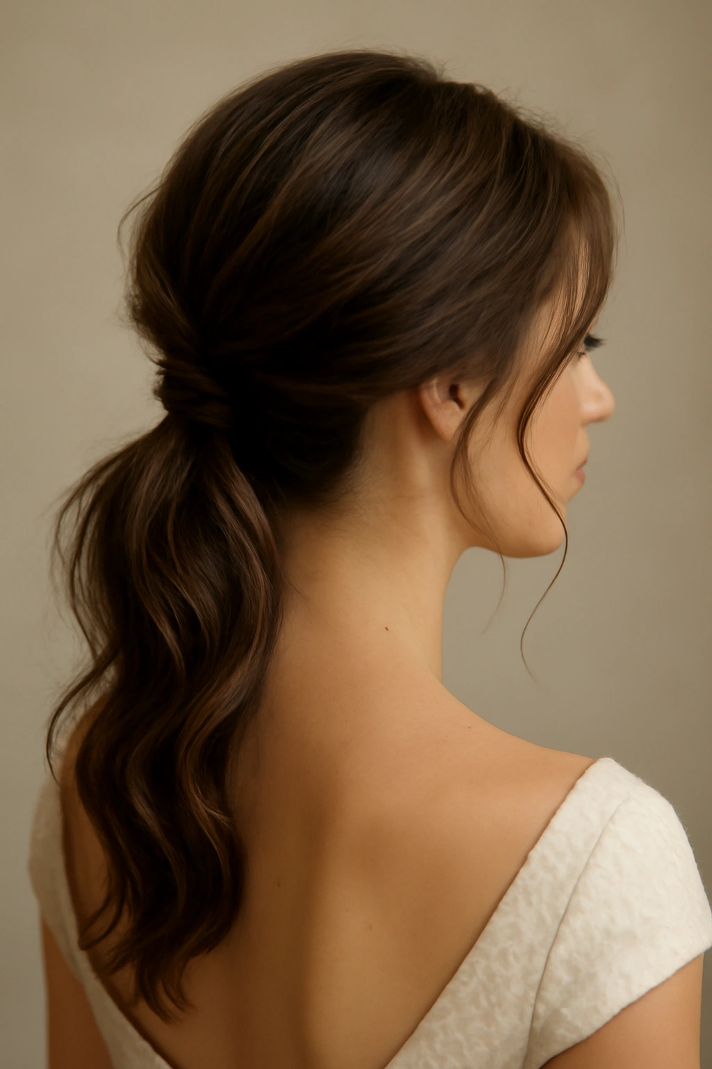 Close-up of a romantic low ponytail with face-framing pieces
