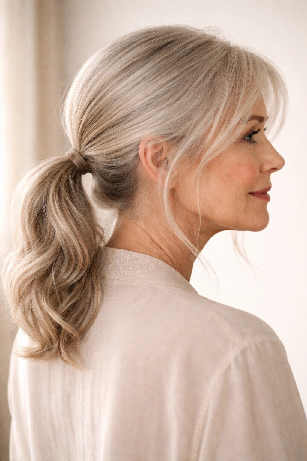 Low loose ponytail with wispy face-framing strands