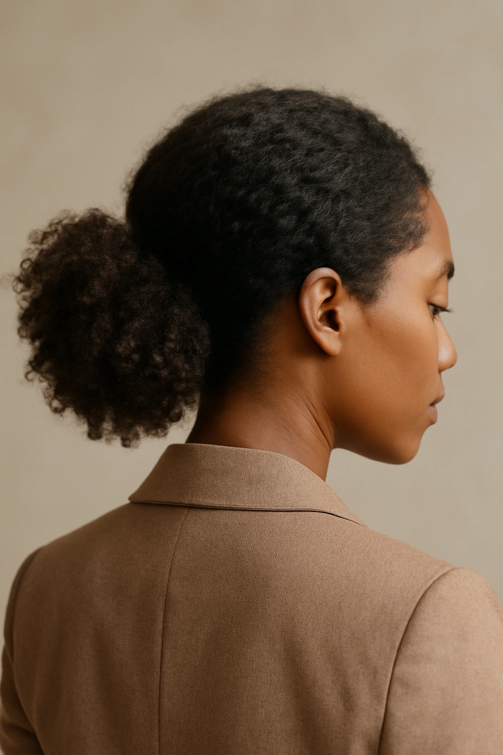 Three-quarter view of a low puff hairstyle at the nape
