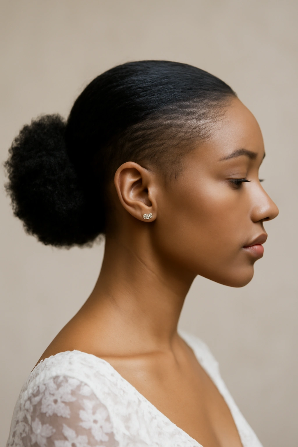 Profile of sleek low puff with side shave detail on natural hair bridal updo