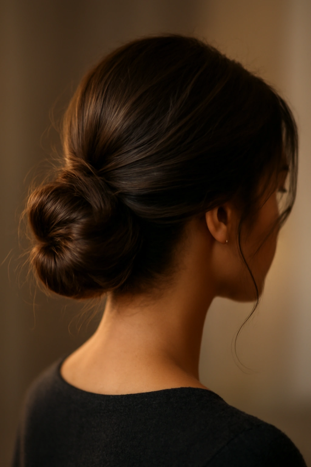Close-up of a low romantic bun with soft textured coils