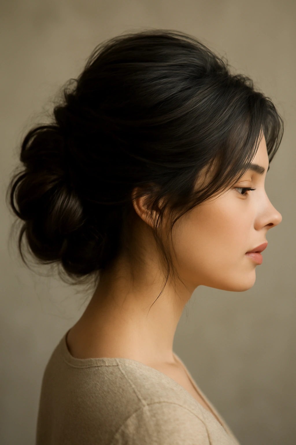 Portrait of a person with a voluminous low side bun