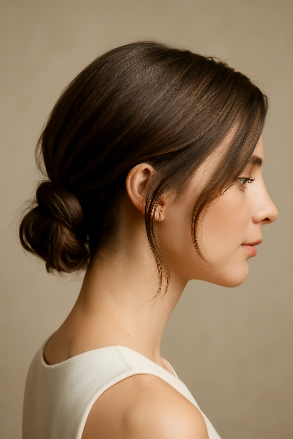 Close-up of a short hairstyle featuring a low side knot at the nape with soft face-framing pieces.