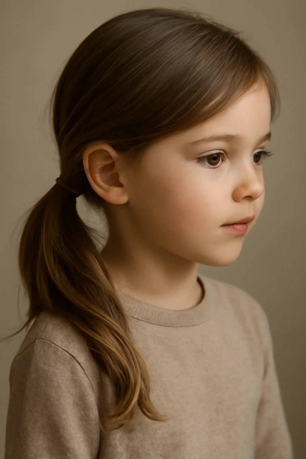 Child with a low side ponytail secured behind the ear