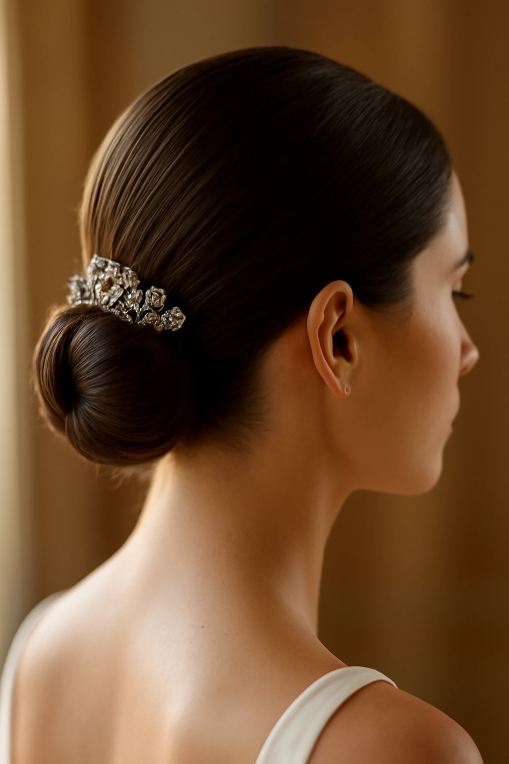 Close-up of a low sleek bun at the nape with smooth hair and a subtle part line