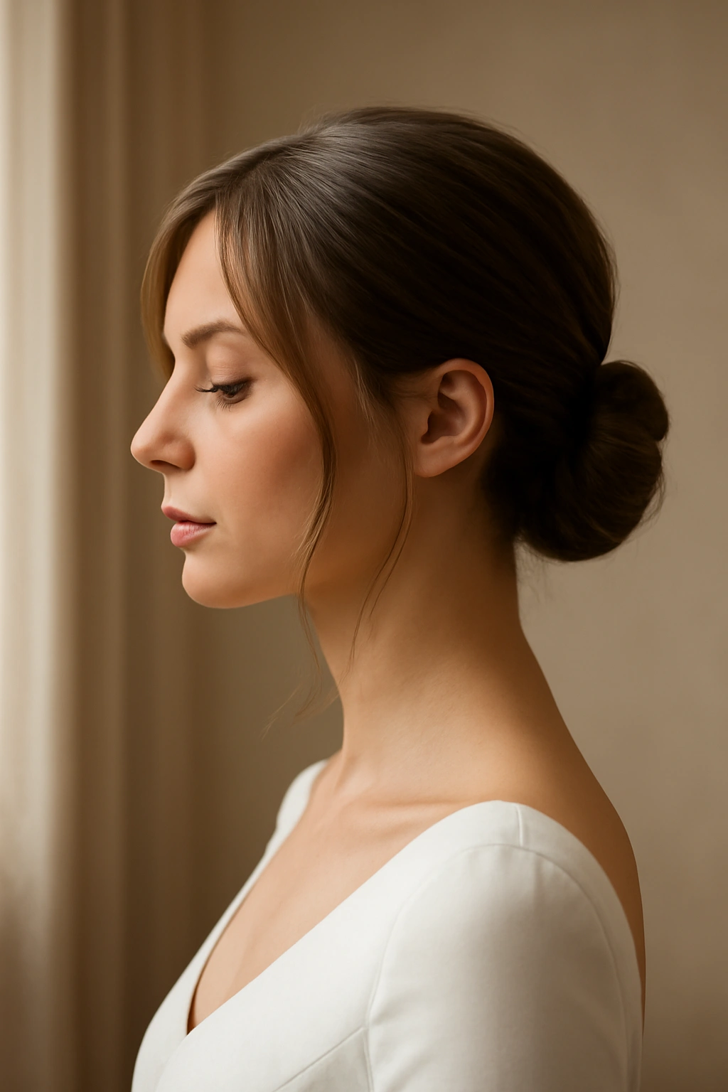 Bride with a low sleek bun and face-framing pieces