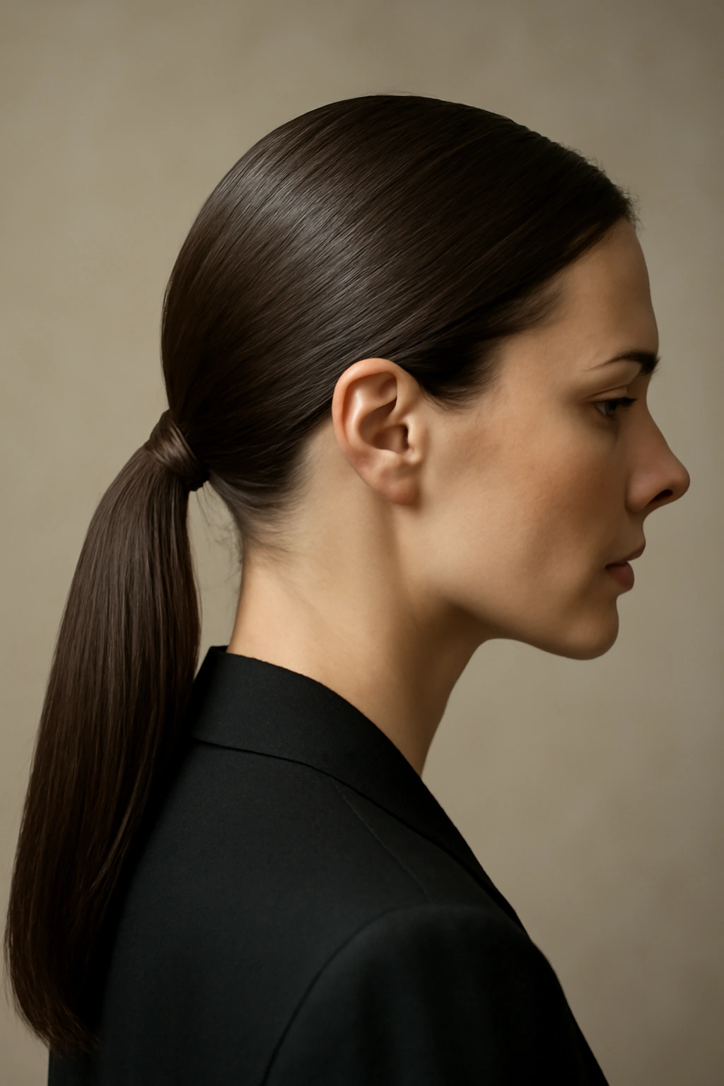 Low sleek ponytail at the nape with polished shine in a neutral studio.