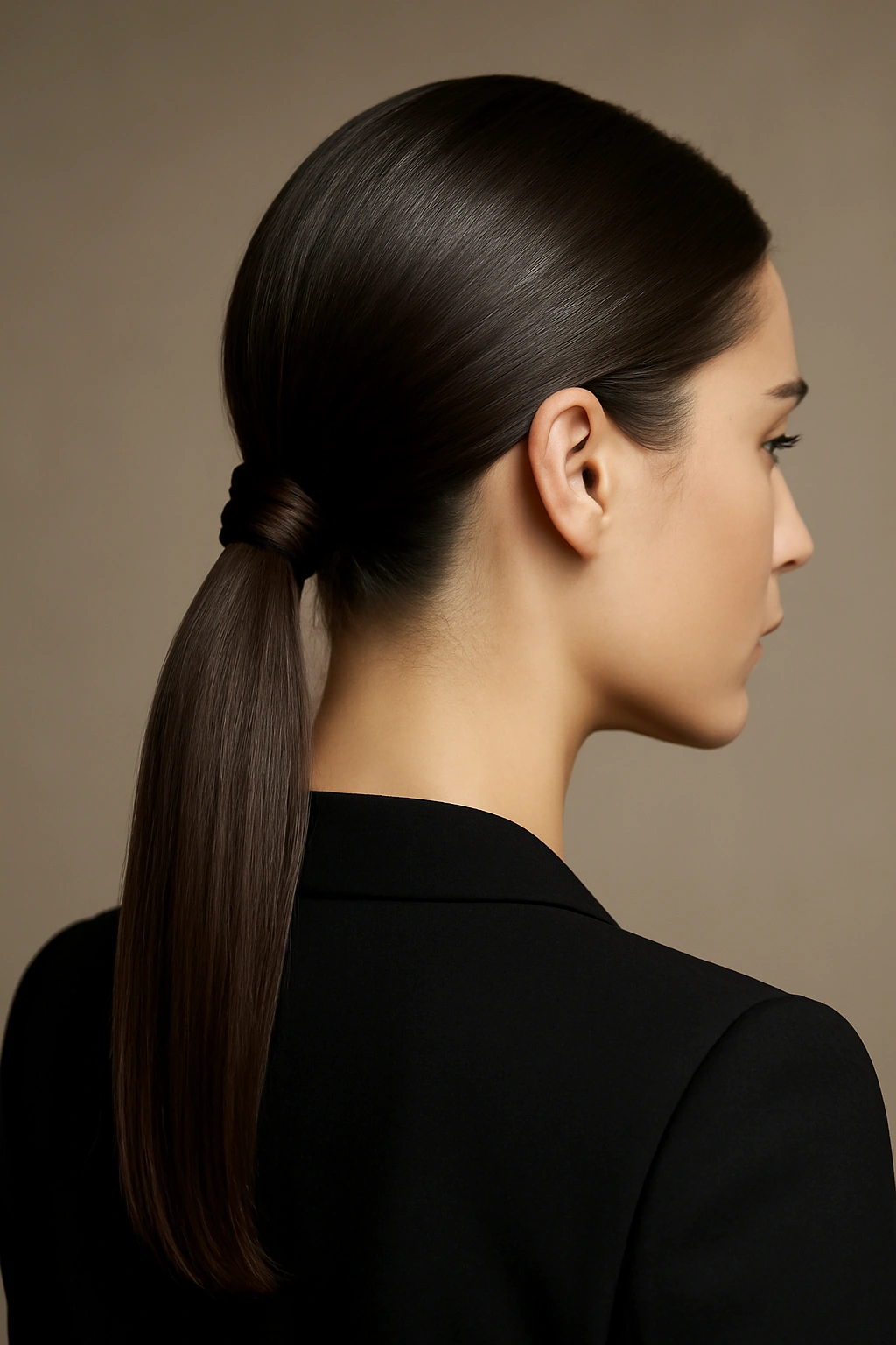 Low sleek ponytail with a twisted base detail and smooth finish.