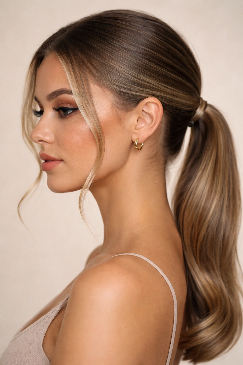 Close-up of a low ponytail with face-framing pieces.