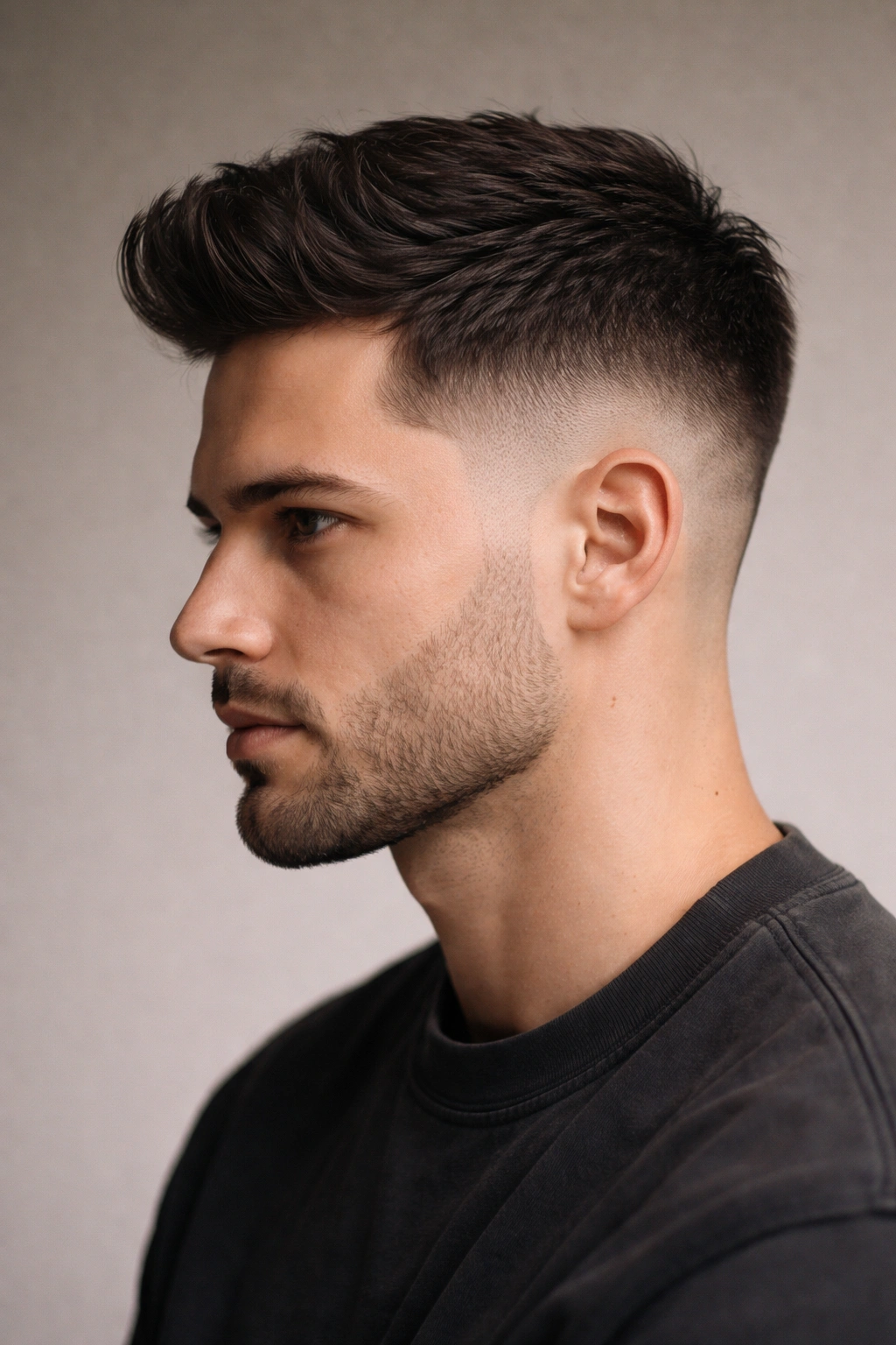 Low temple fade with subtle transition near sideburn area