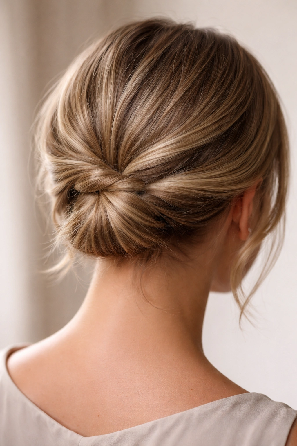 Close-up of a low twisted knot at the nape of the neck on short hair