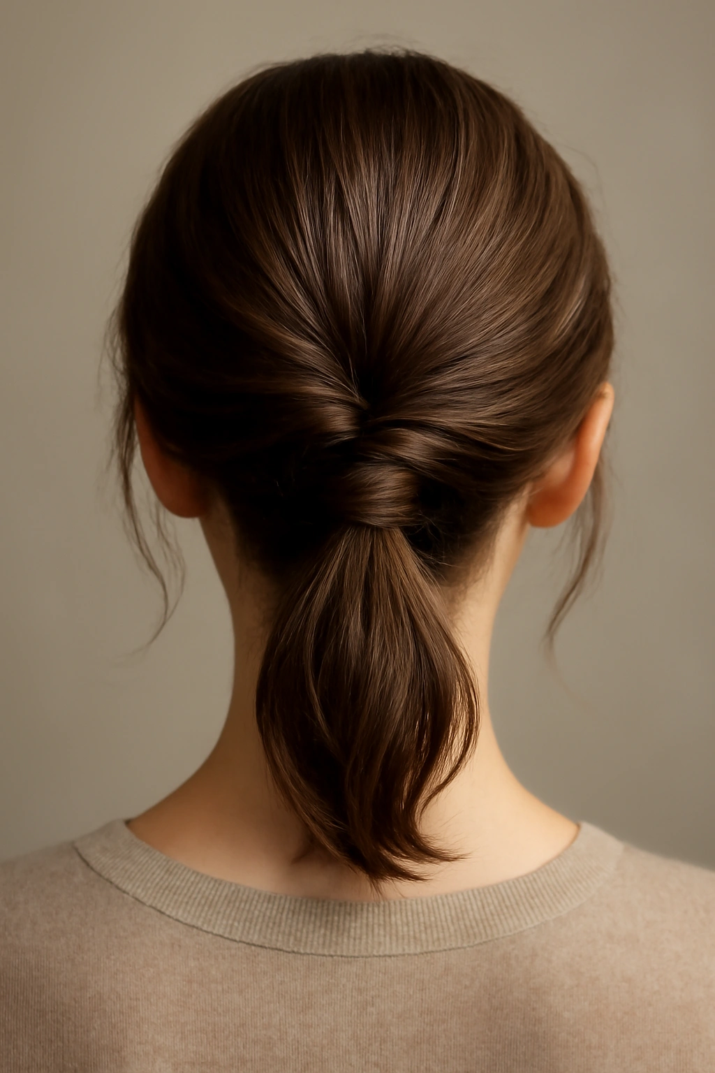 Low twisted ponytail hairstyle from back view