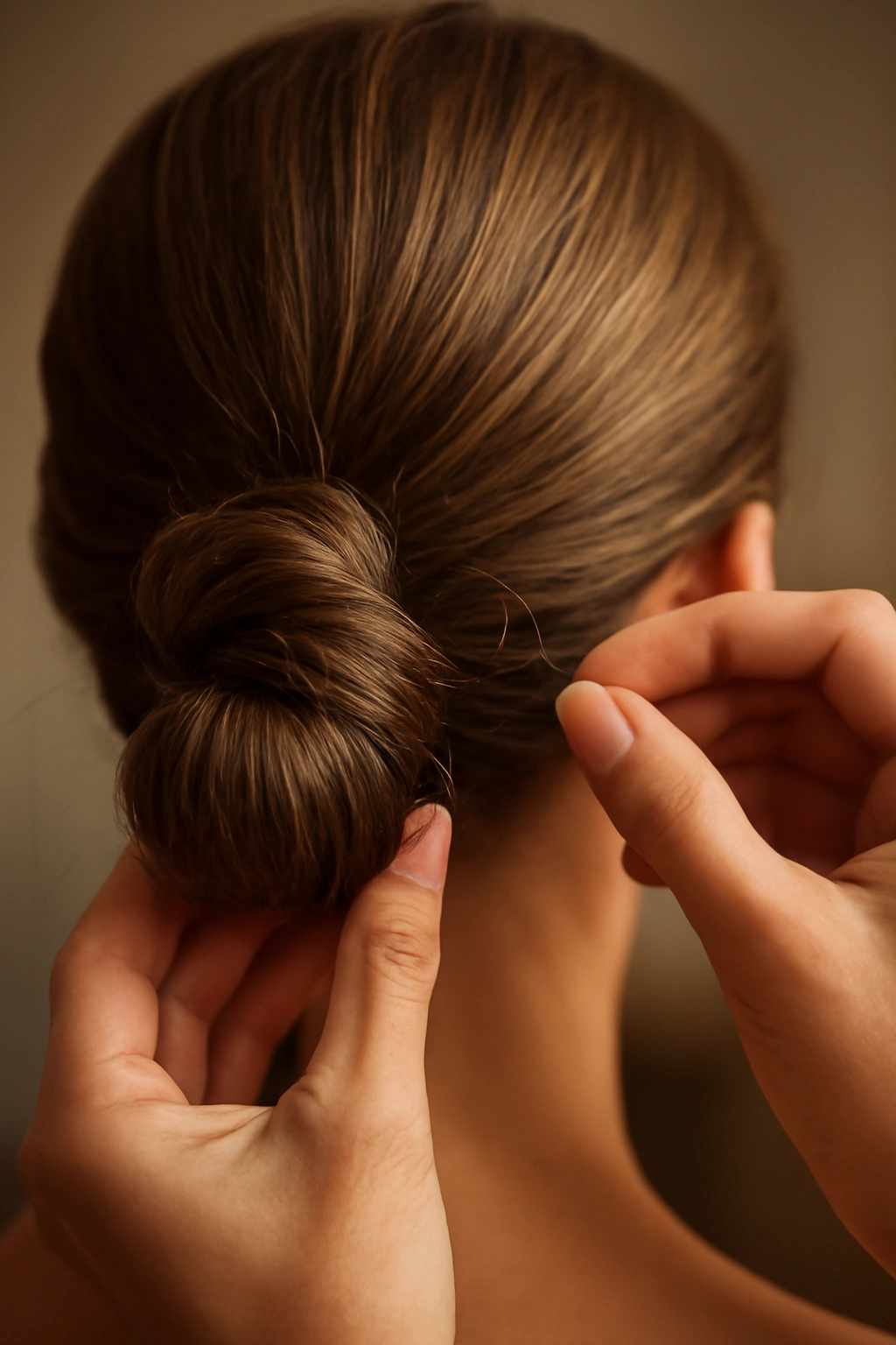 Close-up of a low bun secured with bobby pins, illustrating bun-fix techniques