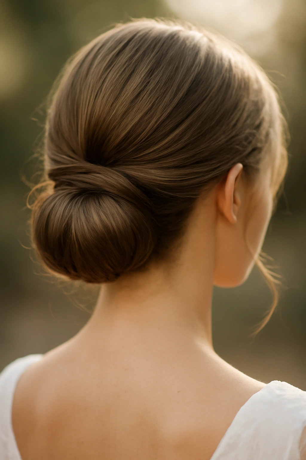 Close-up of a flawless low bridal bun with soft lighting
