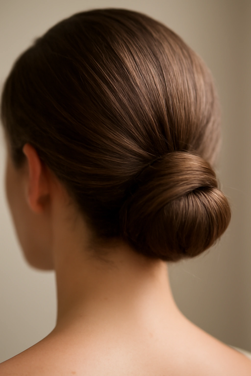 Close-up of a pristine low bun secured with pins, ready for hours of wear