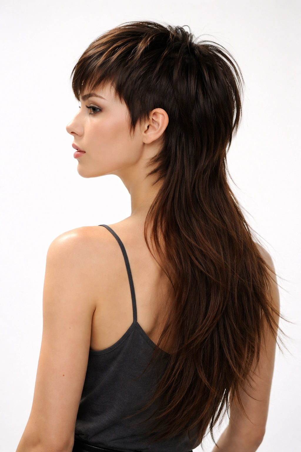 Profile view showing dramatic front short, long back Luxe Long-Back Mixie haircut.