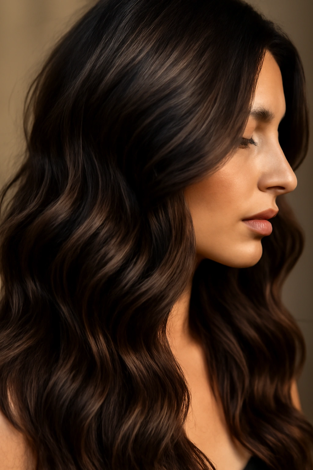 Medium-dark chocolate hair with deep lowlights creating dimensional depth