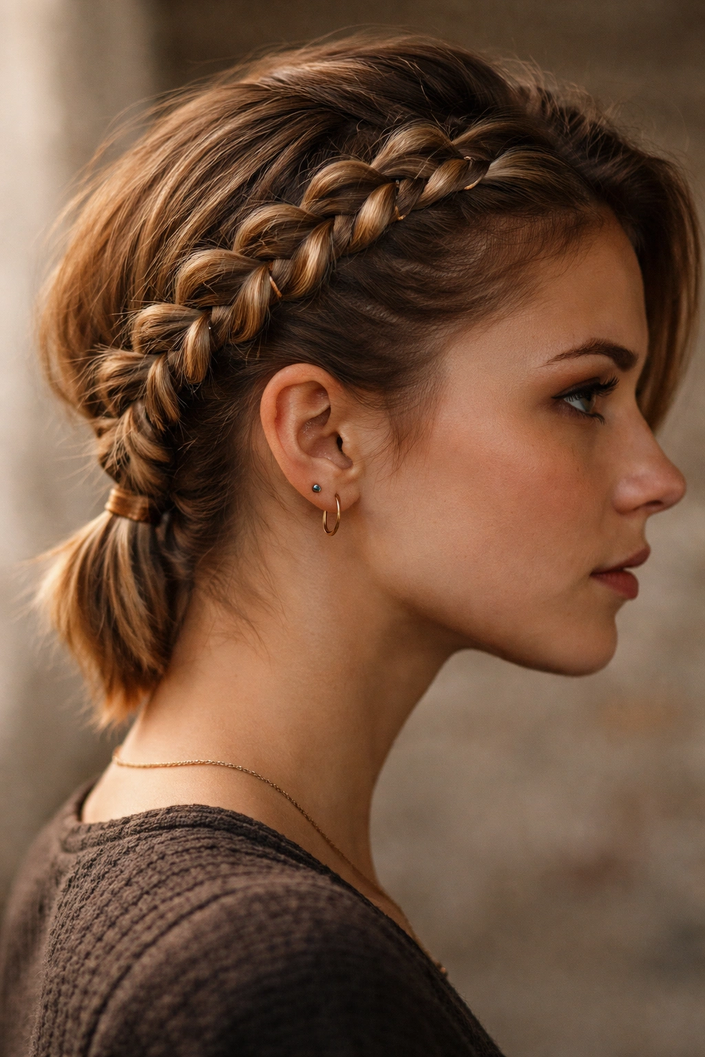 Close-up of a short-haired model with a looped Viking braid along the side