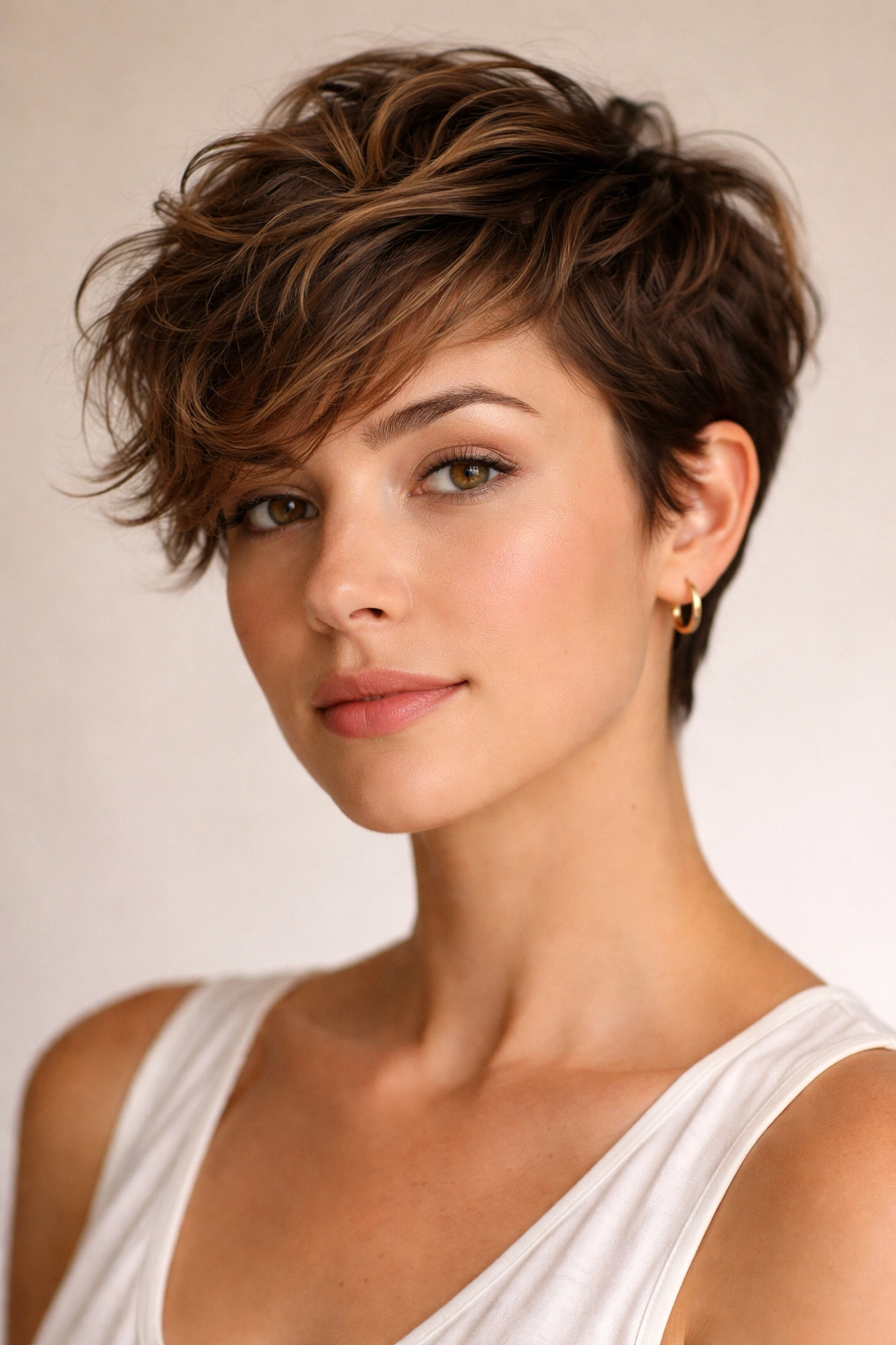 Portrait of a head with a well-defined, healthy wavy pixie haircut.
