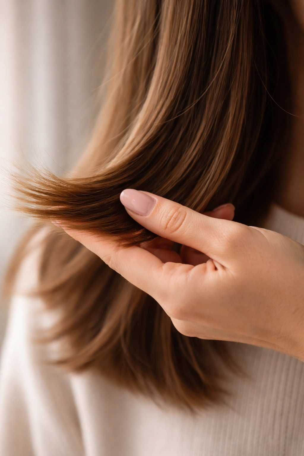 Hand running along hair ends to gauge evenness