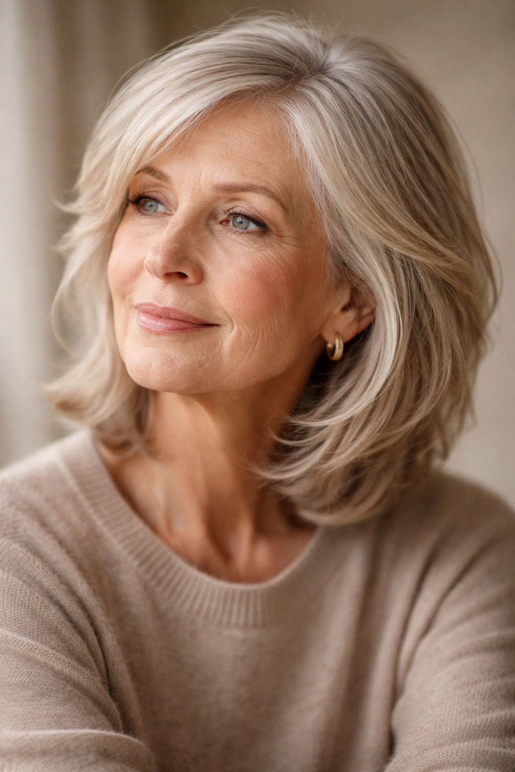 Reflective portrait of a mature woman with fine hair and soft lighting.