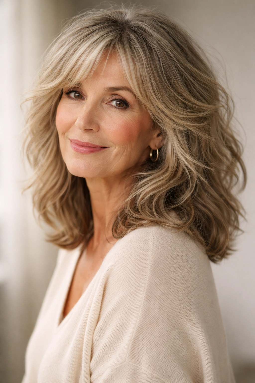 Medium-length hair with texture and waves on a mature woman.