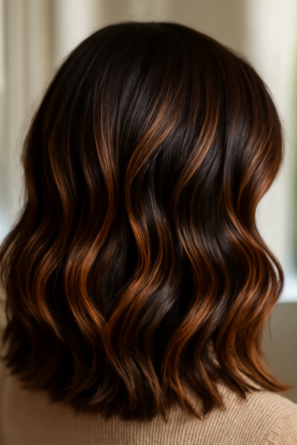 Mid-length hair with melted caramel swirl ribbons on dark chocolate base