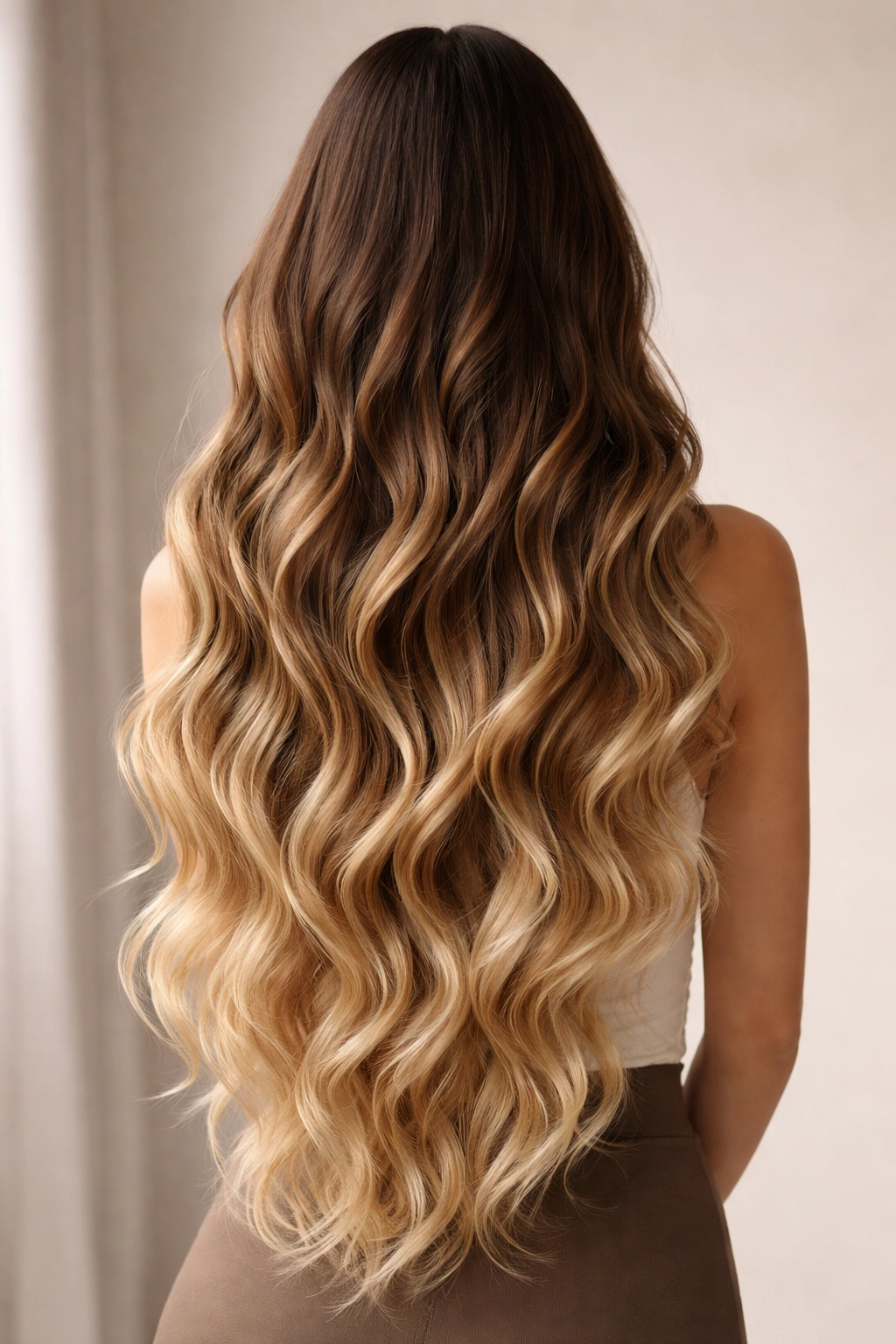 Mermaid-length waves with ombre color from dark roots to light ends