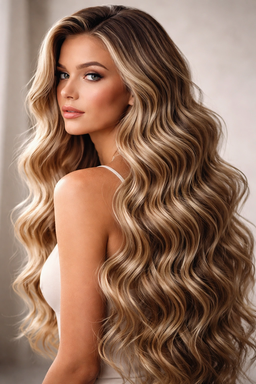 Long hair with sculpted mermaid waves and pronounced texture in a studio portrait