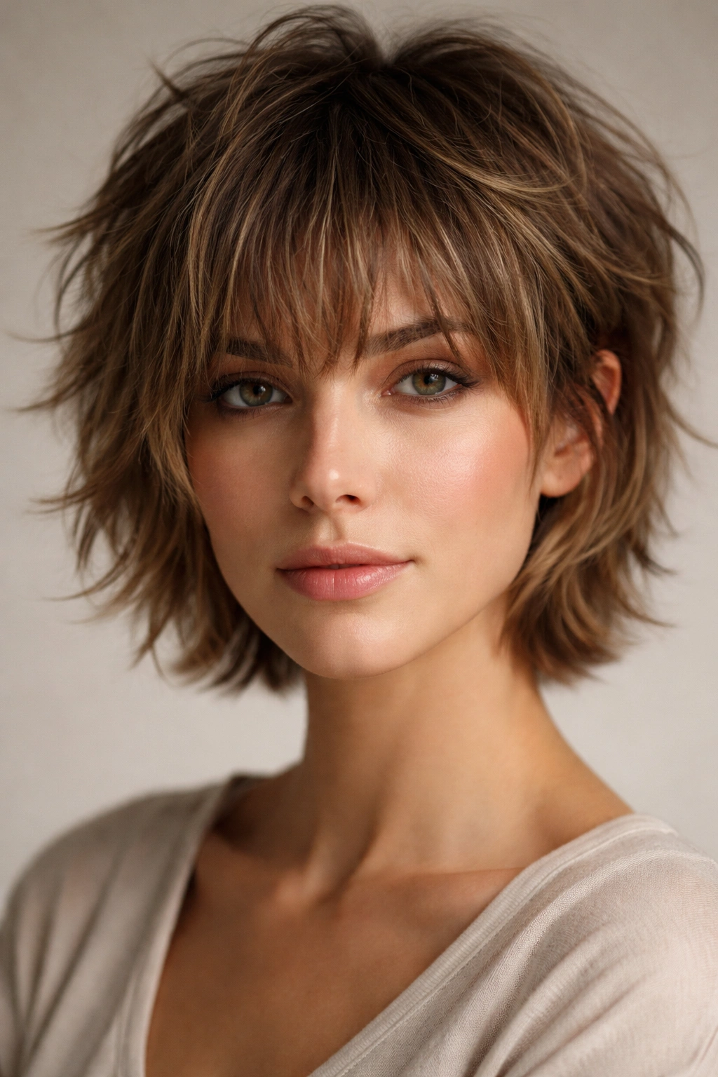 Close-up portrait of messy textured bangs framing the face with a short crown