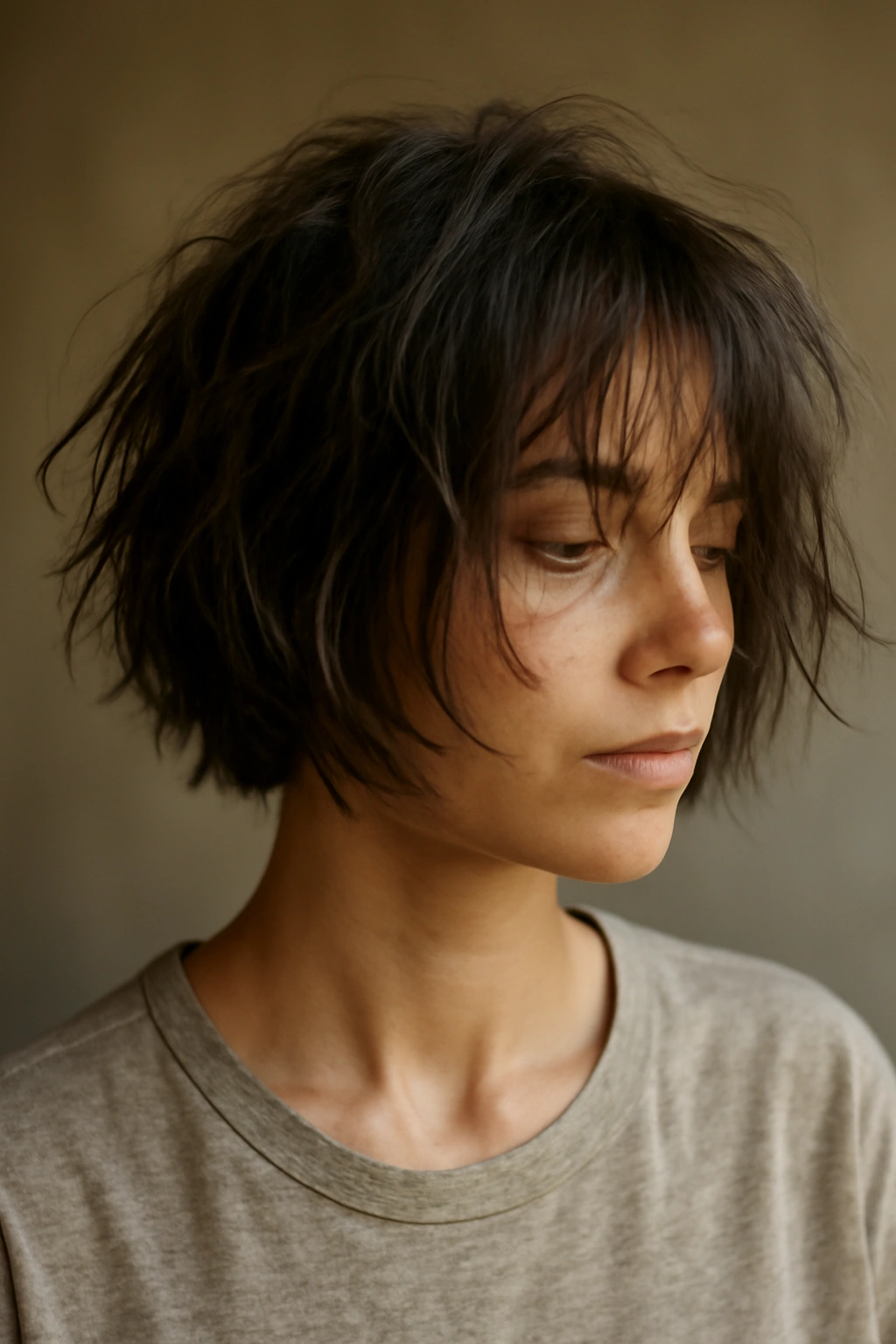 Close-up of a messy, undone bed-head bob with choppy layers