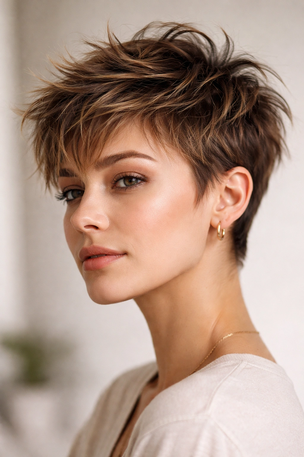 Close-up of messy bedhead short haircut with textured layers