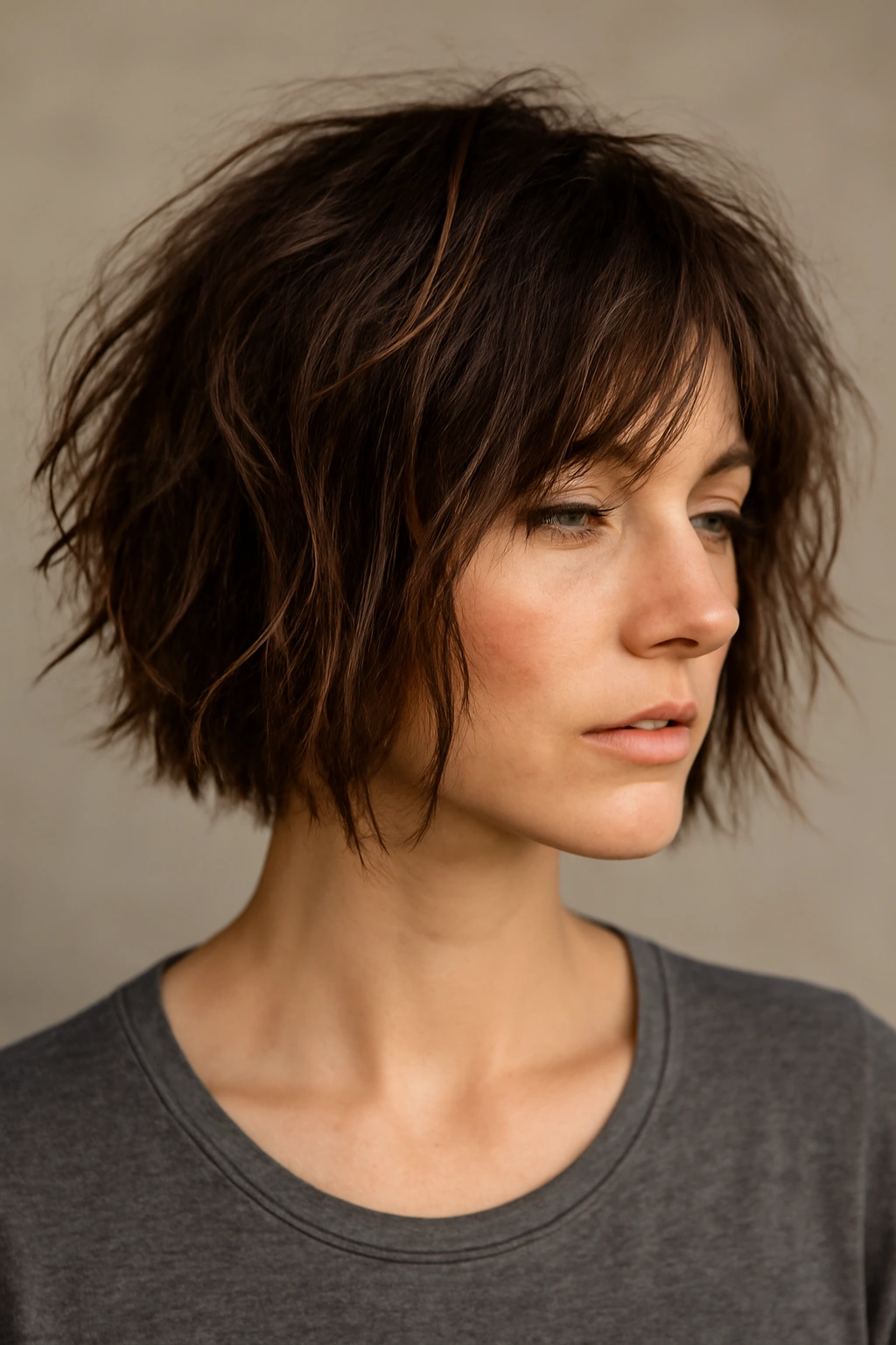Portrait of a model with a messy, textured bob and natural volume