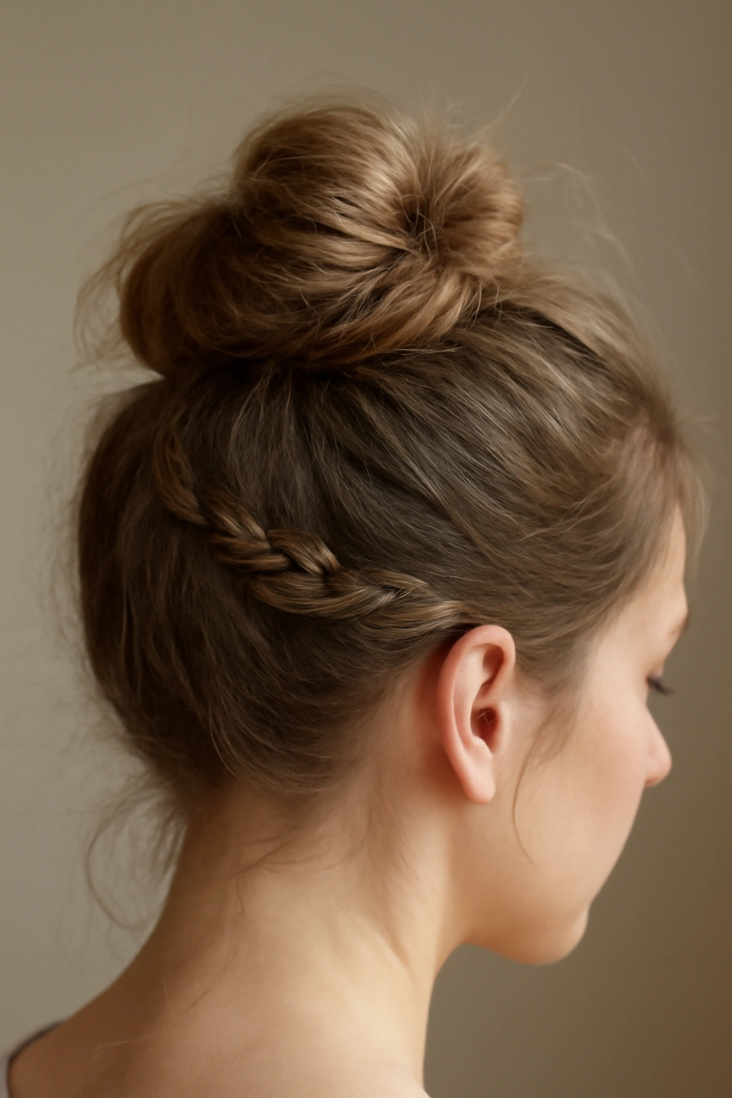 Messy bun with braid wrap detail in a toddler's hair