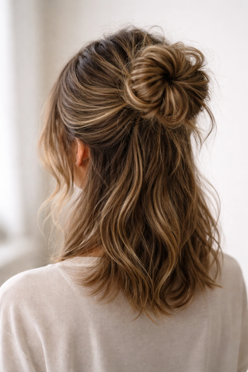 Shoulder-length hair styled into a textured messy bun
