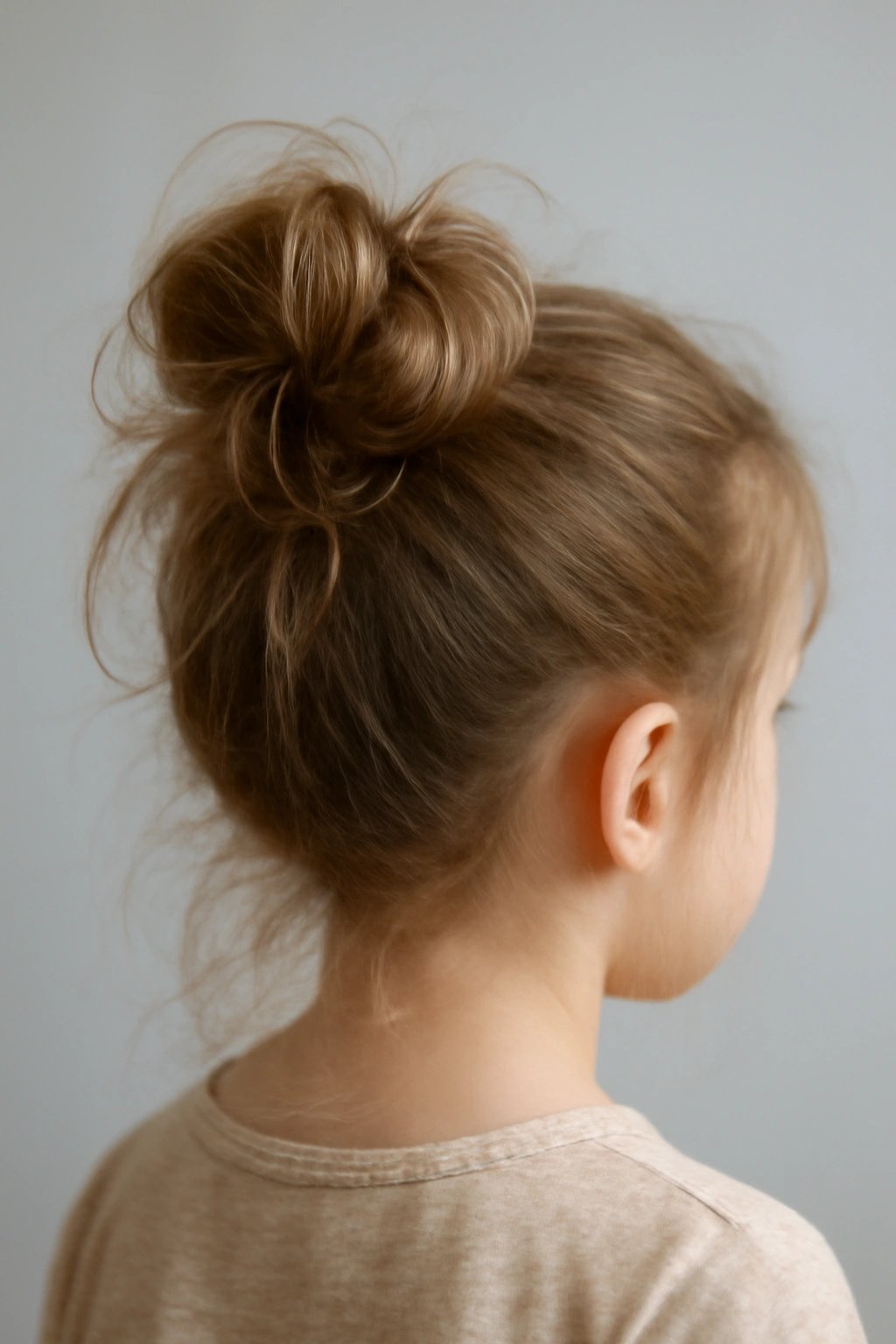 Close-up of a child's messy bun ponytail with a twisted loose bun and stray hairs