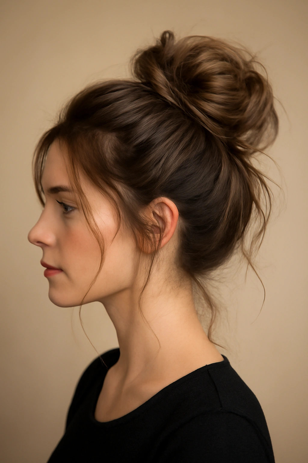 High messy bun ponytail with loose strands framing the face