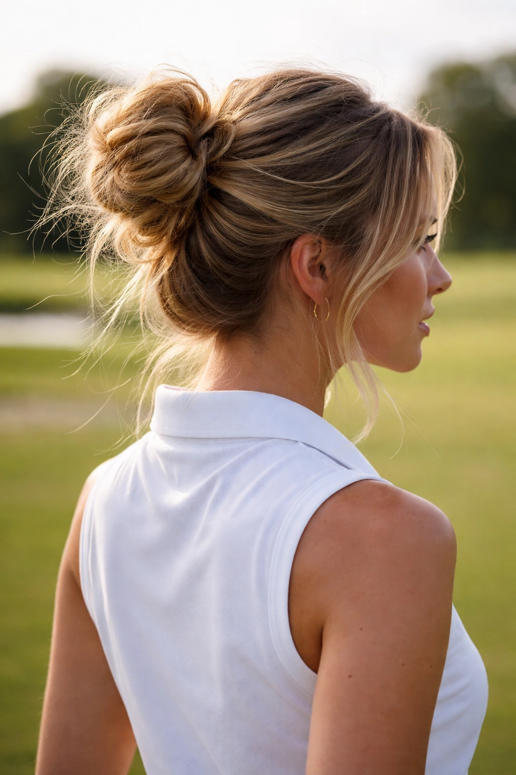 Back/side view of a textured messy bun with loose strands framing the face