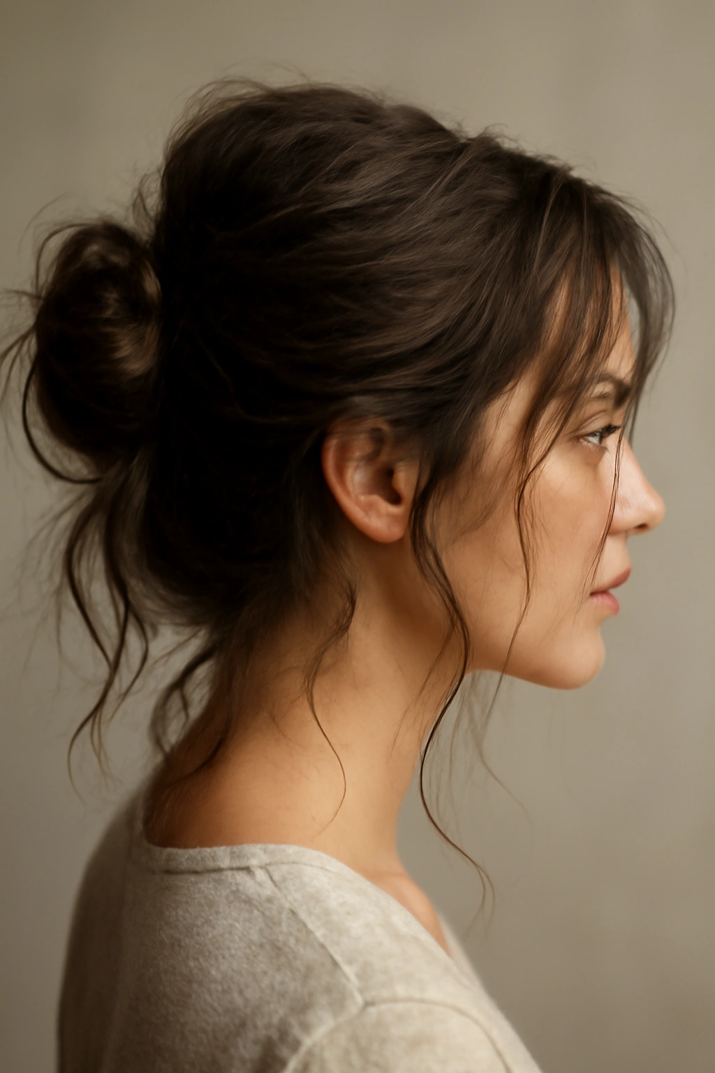 Messy bun with textured waves and loose strands